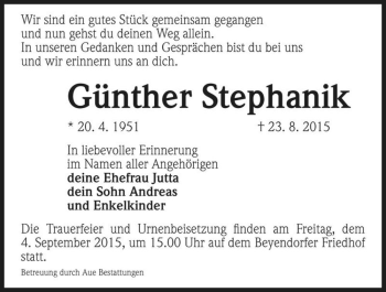 Traueranzeige von Günther Stephanik  von Magdeburger Volksstimme