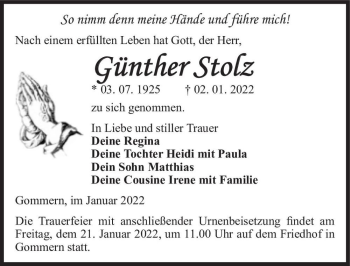 Traueranzeige von Günther Stolz  von Magdeburger Volksstimme