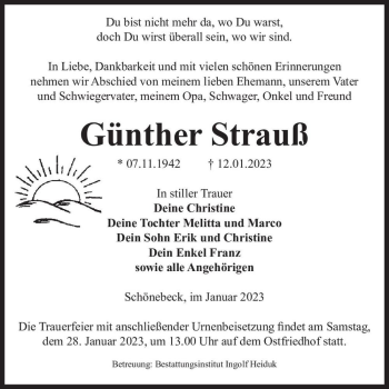 Traueranzeige von Günther Strauß  von Magdeburger Volksstimme
