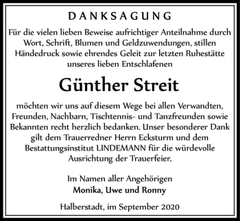 Traueranzeige von Günther Streit  von Magdeburger Volksstimme