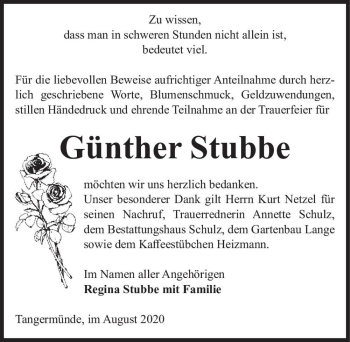 Traueranzeige von Günther Stubbe  von Magdeburger Volksstimme
