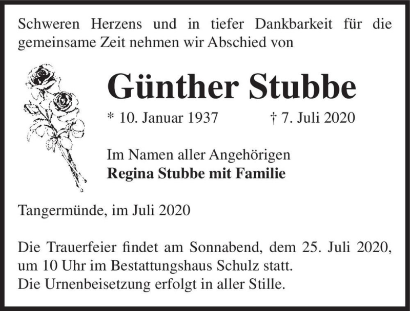  Traueranzeige für Günther Stubbe  vom 11.07.2020 aus Magdeburger Volksstimme