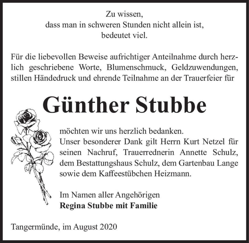  Traueranzeige für Günther Stubbe  vom 01.08.2020 aus Magdeburger Volksstimme