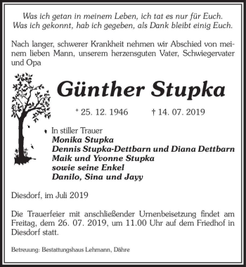 Traueranzeige von Günther Stupka  von Magdeburger Volksstimme