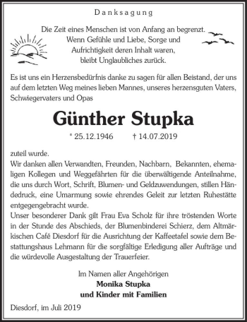 Traueranzeige von Günther Stupka  von Magdeburger Volksstimme