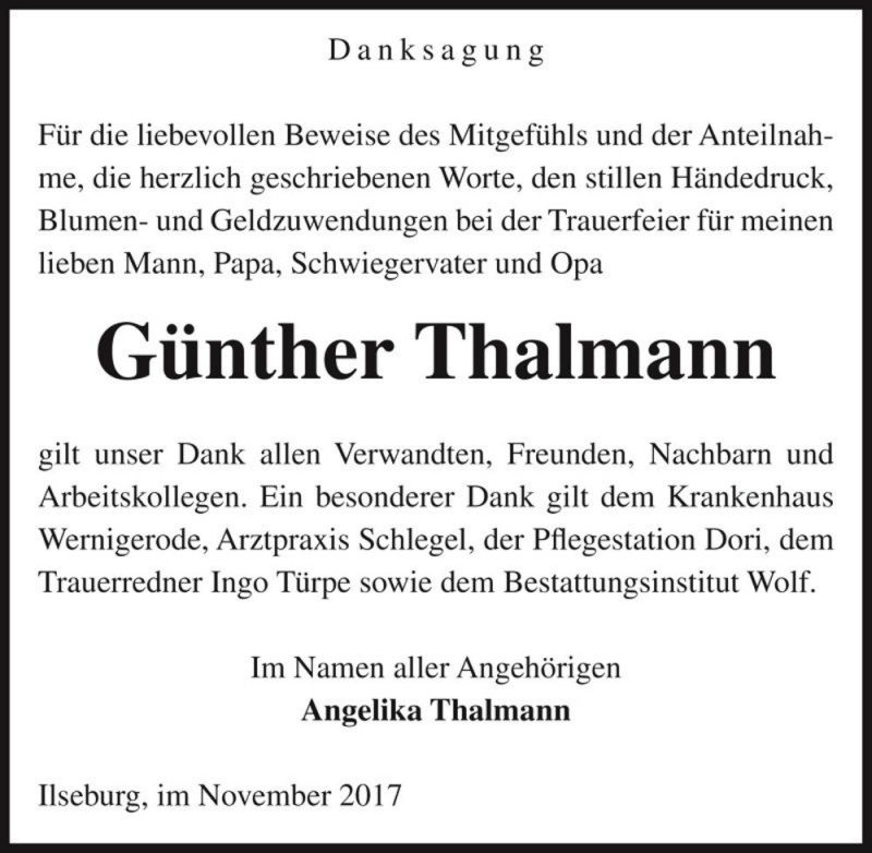  Traueranzeige für Günther Thalmann  vom 28.11.2017 aus Magdeburger Volksstimme