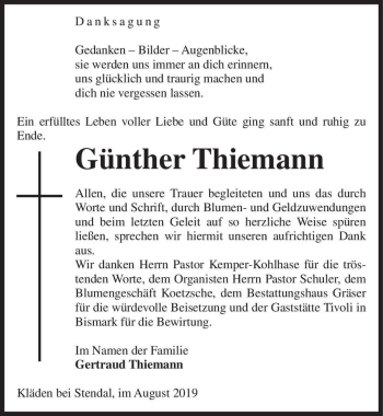 Traueranzeige von Günther Thiemann  von Magdeburger Volksstimme