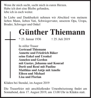 Traueranzeige von Günther Thiemann  von Magdeburger Volksstimme
