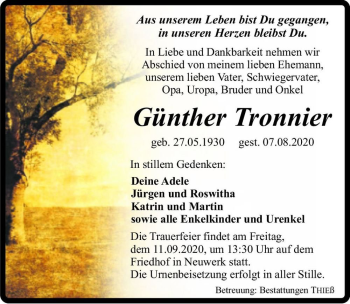 Traueranzeige von Günther Tronnier  von Magdeburger Volksstimme