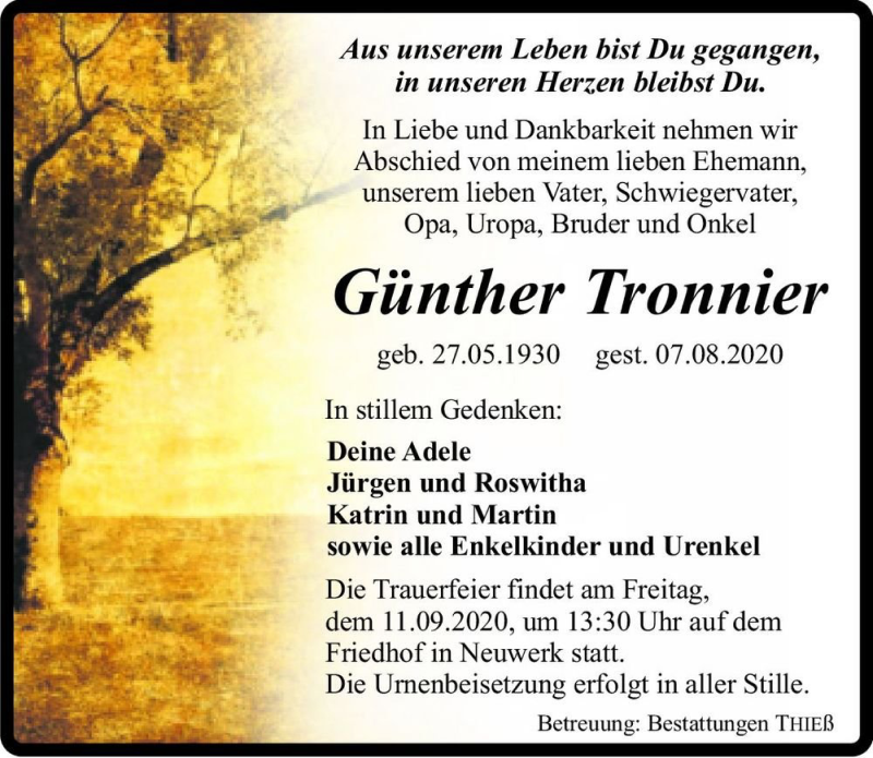  Traueranzeige für Günther Tronnier  vom 05.09.2020 aus Magdeburger Volksstimme