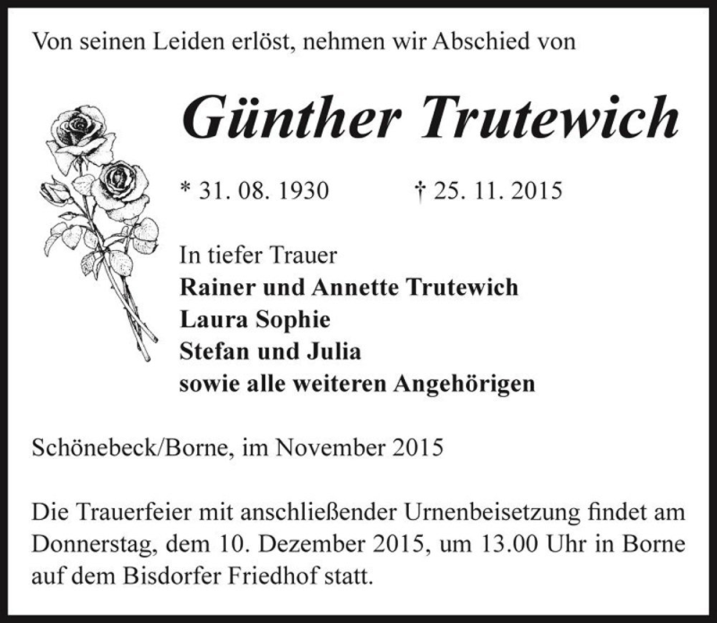  Traueranzeige für Günther Trutewich  vom 28.11.2015 aus Magdeburger Volksstimme