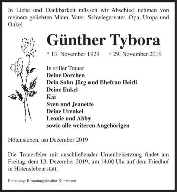 Traueranzeige von Günther Tybora  von Magdeburger Volksstimme
