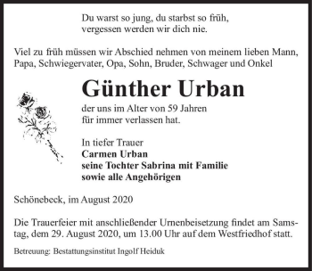 Traueranzeige von Günther Urban  von Magdeburger Volksstimme