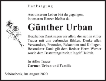 Traueranzeige von Günther Urban  von Magdeburger Volksstimme