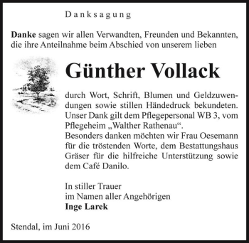 Traueranzeige von Günther Vollack  von Magdeburger Volksstimme