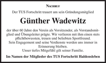 Traueranzeige von Günther Wadewitz  von Magdeburger Volksstimme