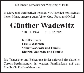 Traueranzeige von Günther Wadewitz  von Magdeburger Volksstimme