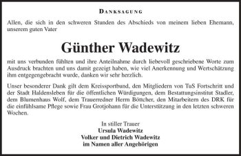 Traueranzeige von Günther Wadewitz  von Magdeburger Volksstimme