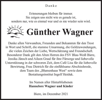 Traueranzeige von Günther Wagner  von Magdeburger Volksstimme