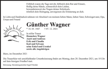 Traueranzeige von Günther Wagner  von Magdeburger Volksstimme