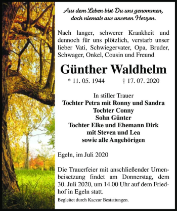 Traueranzeige von Günther Waldhelm  von Magdeburger Volksstimme