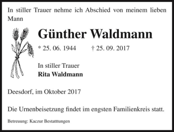 Traueranzeige von Günther Waldmann  von Magdeburger Volksstimme