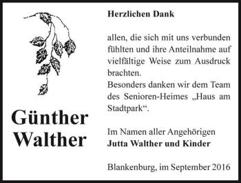 Traueranzeige von Günther Walther  von Magdeburger Volksstimme
