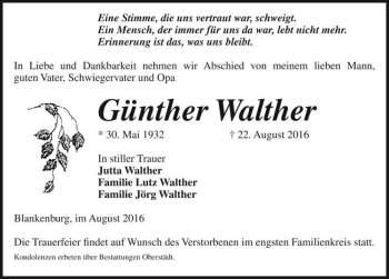 Traueranzeige von Günther Walther  von Magdeburger Volksstimme