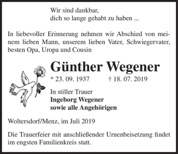 Traueranzeige von Günther Wegener  von Magdeburger Volksstimme