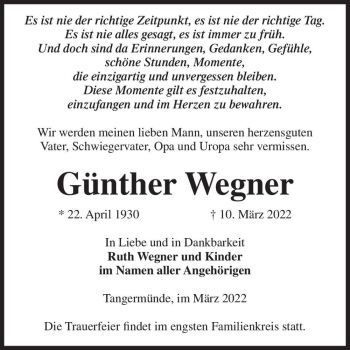 Traueranzeige von Günther Wegner  von Magdeburger Volksstimme