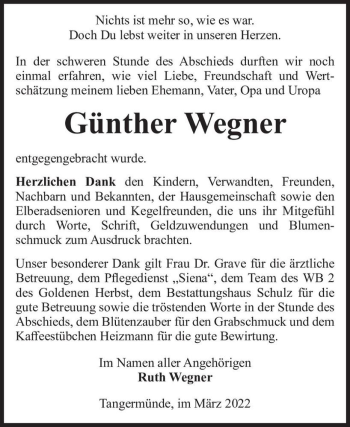 Traueranzeige von Günther Wegner  von Magdeburger Volksstimme