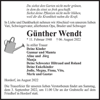 Traueranzeige von Günther Wendt  von Magdeburger Volksstimme