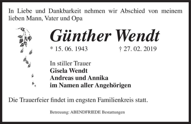  Traueranzeige für Günther Wendt  vom 16.03.2019 aus Magdeburger Volksstimme