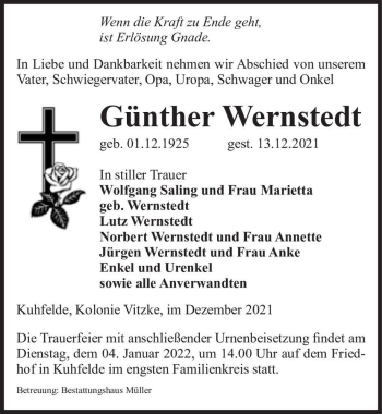 Traueranzeige von Günther Wernstedt  von Magdeburger Volksstimme