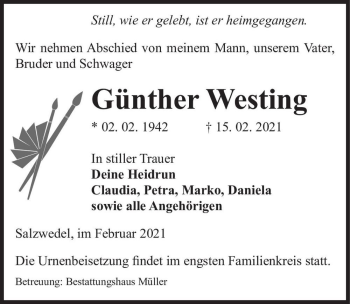 Traueranzeige von Günther Westing  von Magdeburger Volksstimme