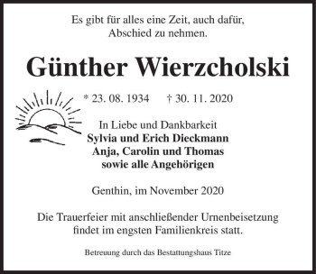 Traueranzeige von Günther Wierzcholski  von Magdeburger Volksstimme
