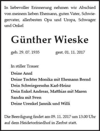 Traueranzeige von Günther Wieske  von Magdeburger Volksstimme