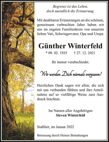 Traueranzeige von Günther Winterfeld  von Magdeburger Volksstimme