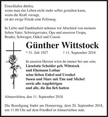 Traueranzeige von Günther Wittstock  von Magdeburger Volksstimme