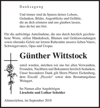 Traueranzeige von Günther Wittstock  von Magdeburger Volksstimme