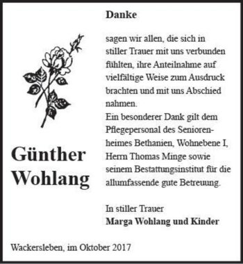 Traueranzeige von Günther Wohlang  von Magdeburger Volksstimme
