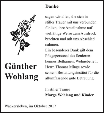Traueranzeige von Günther Wohlang  von Magdeburger Volksstimme
