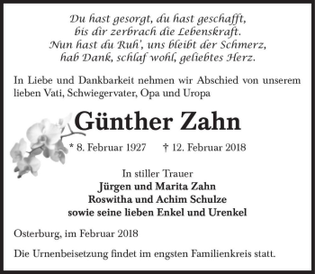 Traueranzeige von Günther Zahn  von Magdeburger Volksstimme