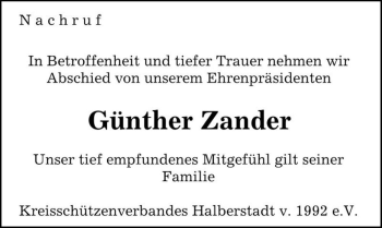 Traueranzeige von Günther Zander  von Magdeburger Volksstimme