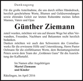 Traueranzeige von Günther Ziemann  von Magdeburger Volksstimme