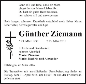 Traueranzeige von Günther Ziemann  von Magdeburger Volksstimme