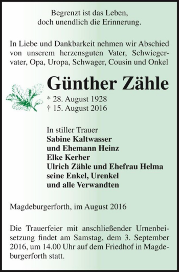 Traueranzeige von Günther Zähle  von Magdeburger Volksstimme