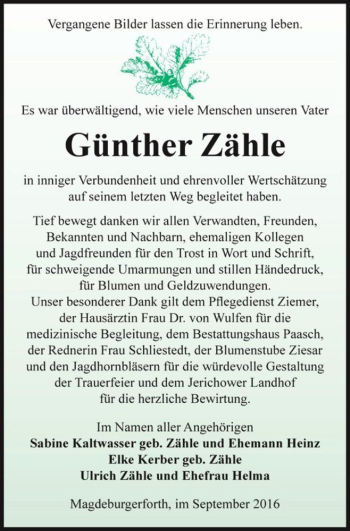 Traueranzeige von Günther Zähle  von Magdeburger Volksstimme