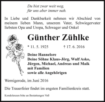 Traueranzeige von Günther Zühlke  von Magdeburger Volksstimme