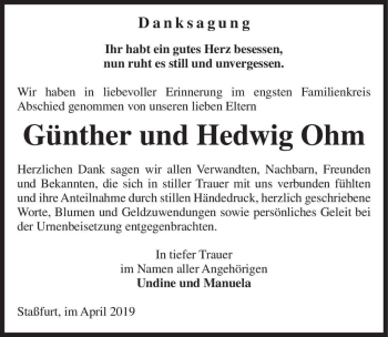 Traueranzeige von Günther und Hedwig Ohm  von Magdeburger Volksstimme